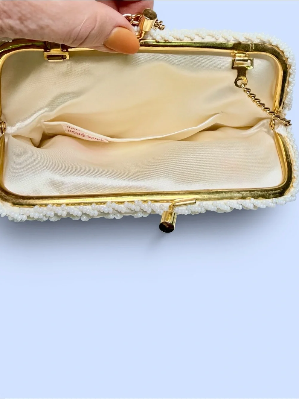 Hong Kong Evening Clutch White Seed Beads‎ Opalescent Sequins Original Box VTG